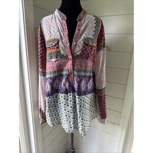 JAK Button Down Blouse Colorful Paisley Floral 100% Cotton Size L -  Made In USA